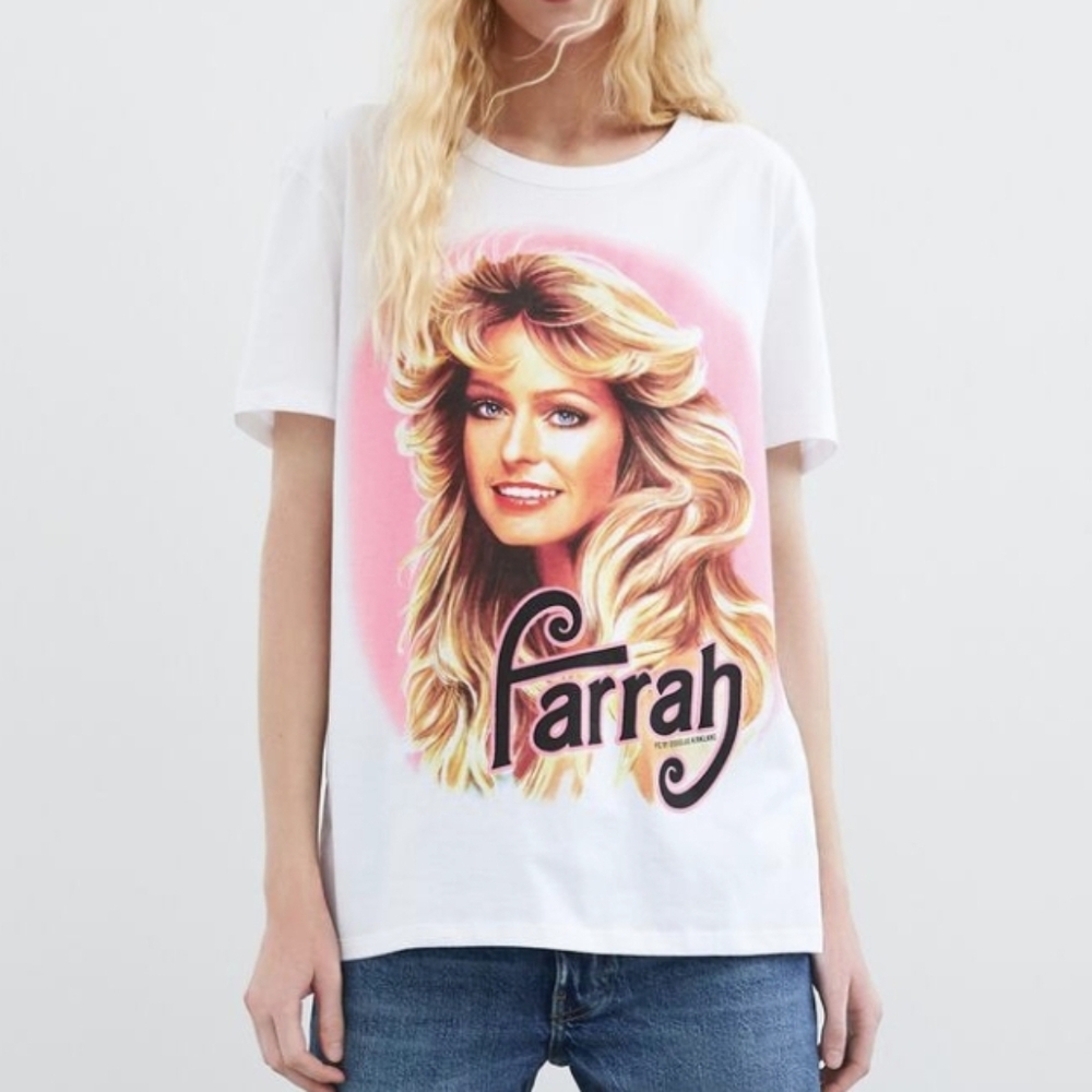 Zara Farrah Fawcett White T Shirt Size S small NWT
